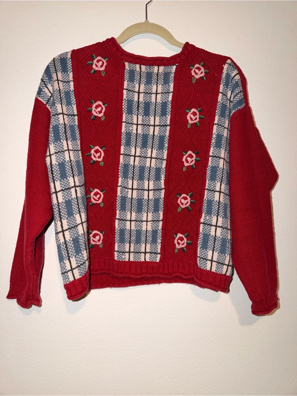 Red Plaid Crewneck Sweater with Rose Embroidery